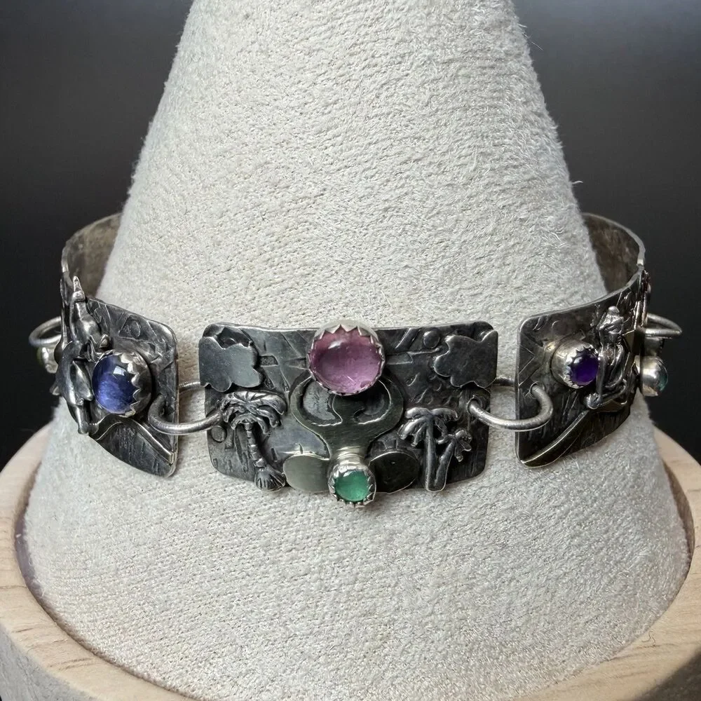 Vintage Handmade Artisan Panel Link Bracelet 925 Sterling Silver 14K Gold & Gems